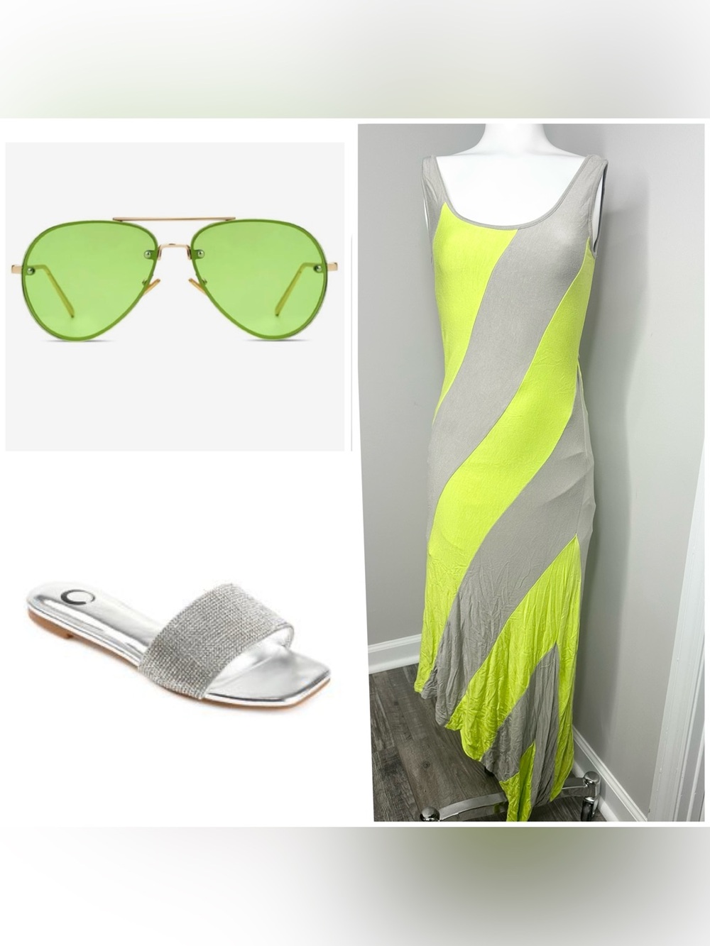 Moa Moa Neon Lime & grey asymmetrical Maxi Dress-medium